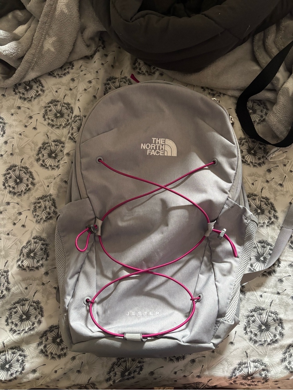 The North Face Jester Gray Backpack with Pink Bungee Accents